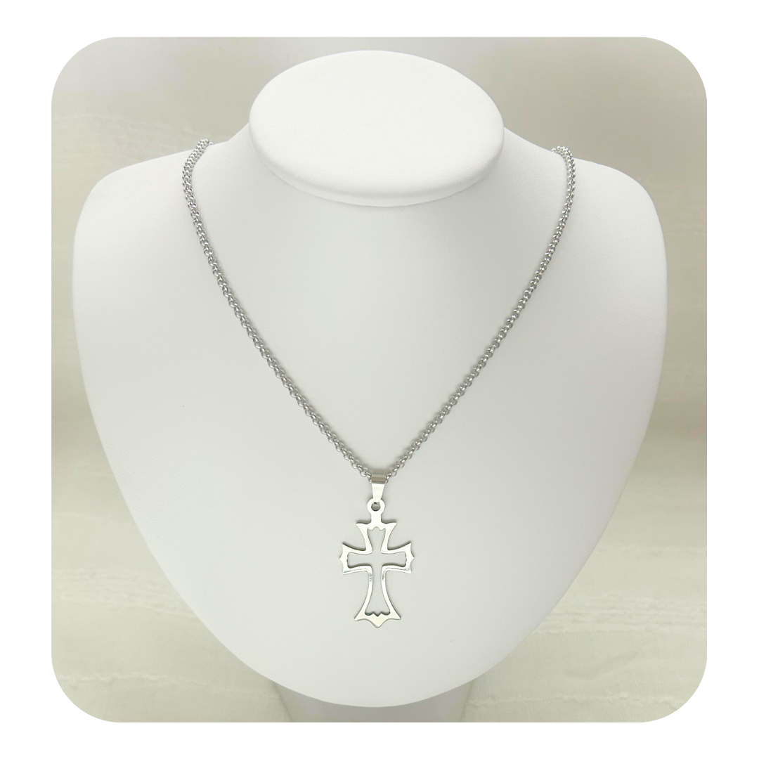 Hollow Cross Necklace - Rolo Chain or Leather Cord.