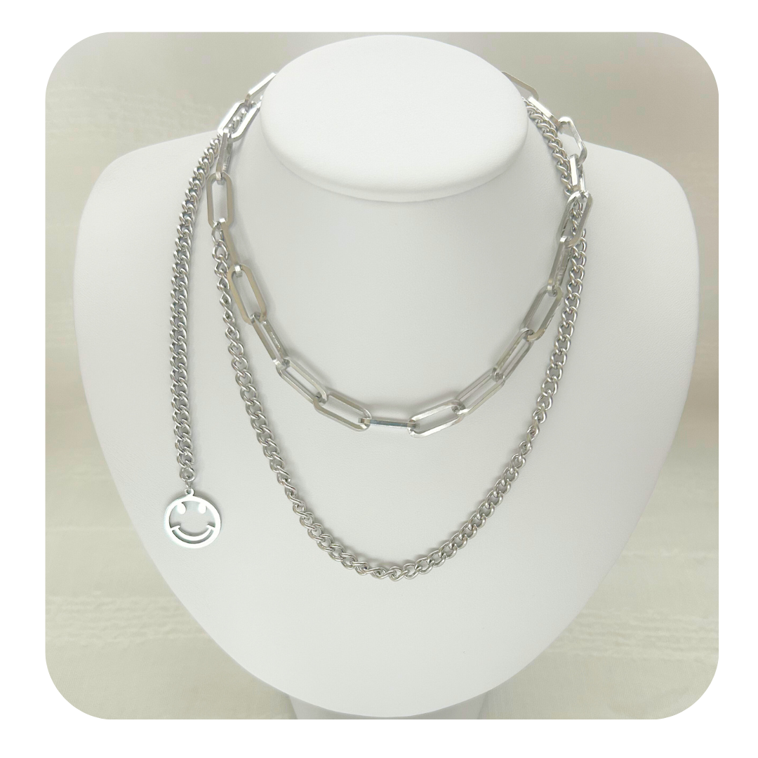 Happy Face Layered Necklace - Stainless Steel