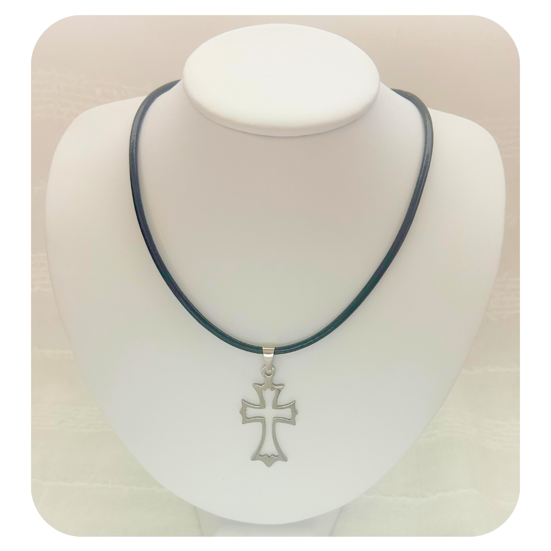 Hollow Cross Necklace - Rolo Chain or Leather Cord.