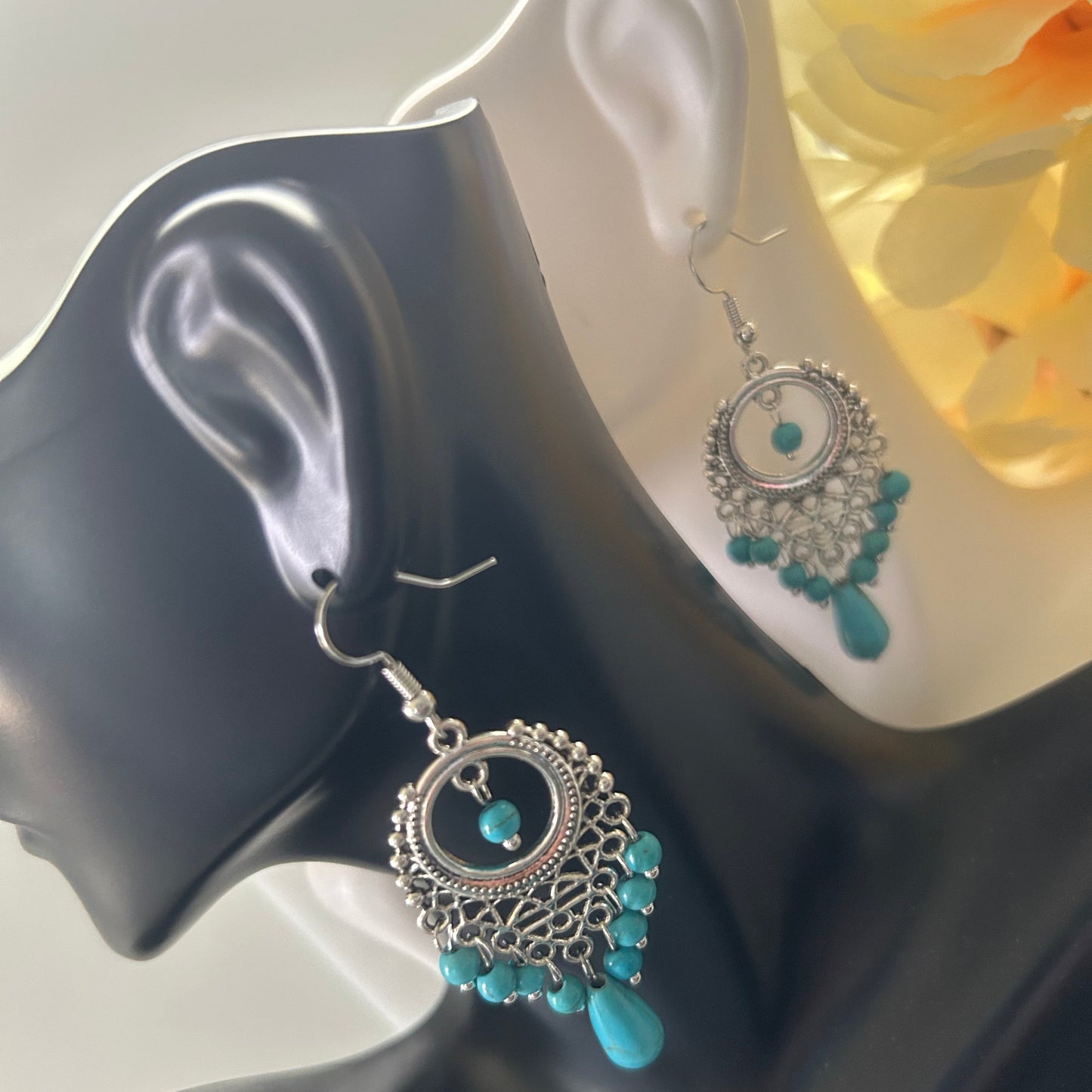 Turquoise Long Drop - Tibetan Silver - Chandelier Earrings