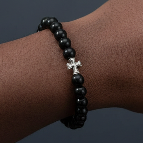 Afro hand model - black agate cross bracelet