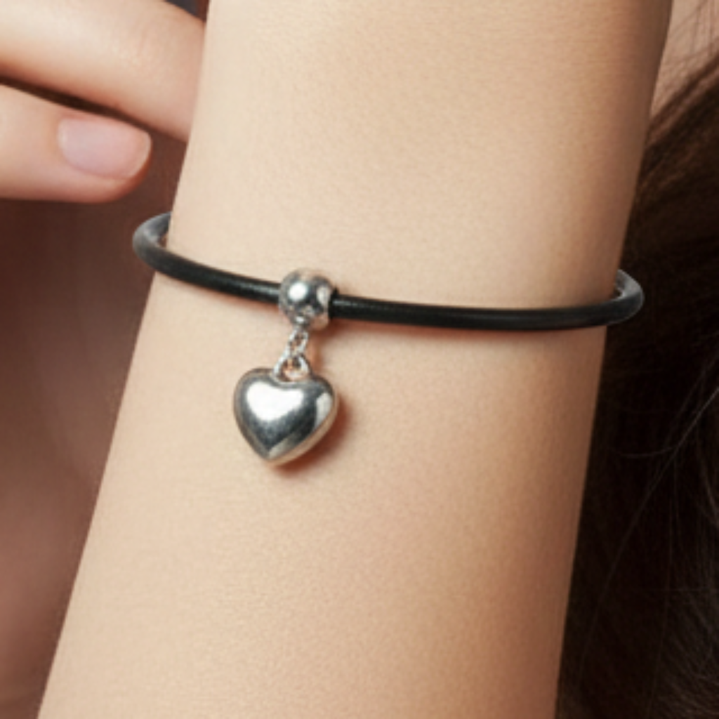 Black Leather Heart Bracelet - Editorial Shot