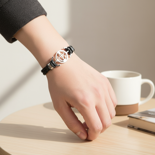 Black Leather Peace Bracelet on Model