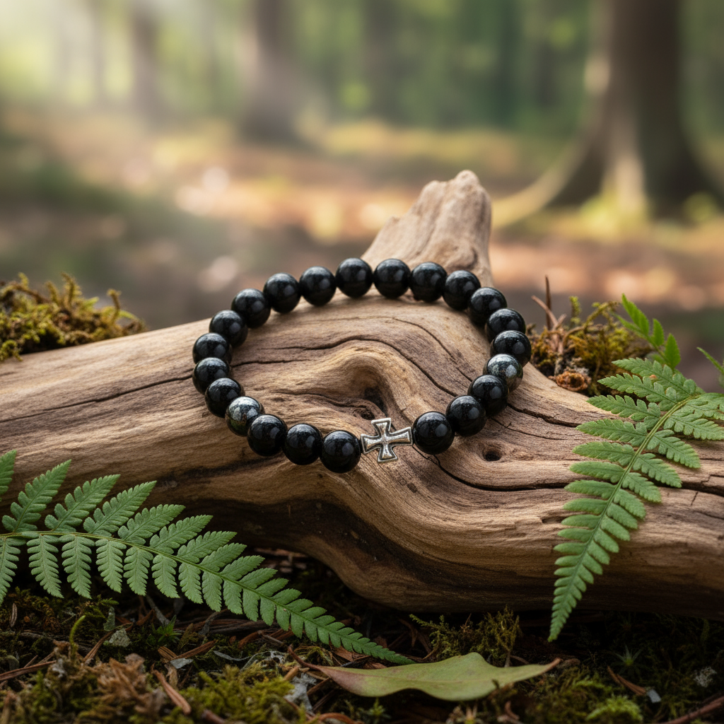 Bracelet on driftwood with ferns