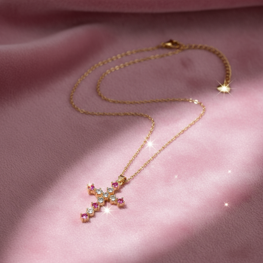 Cross necklace on pink velvet