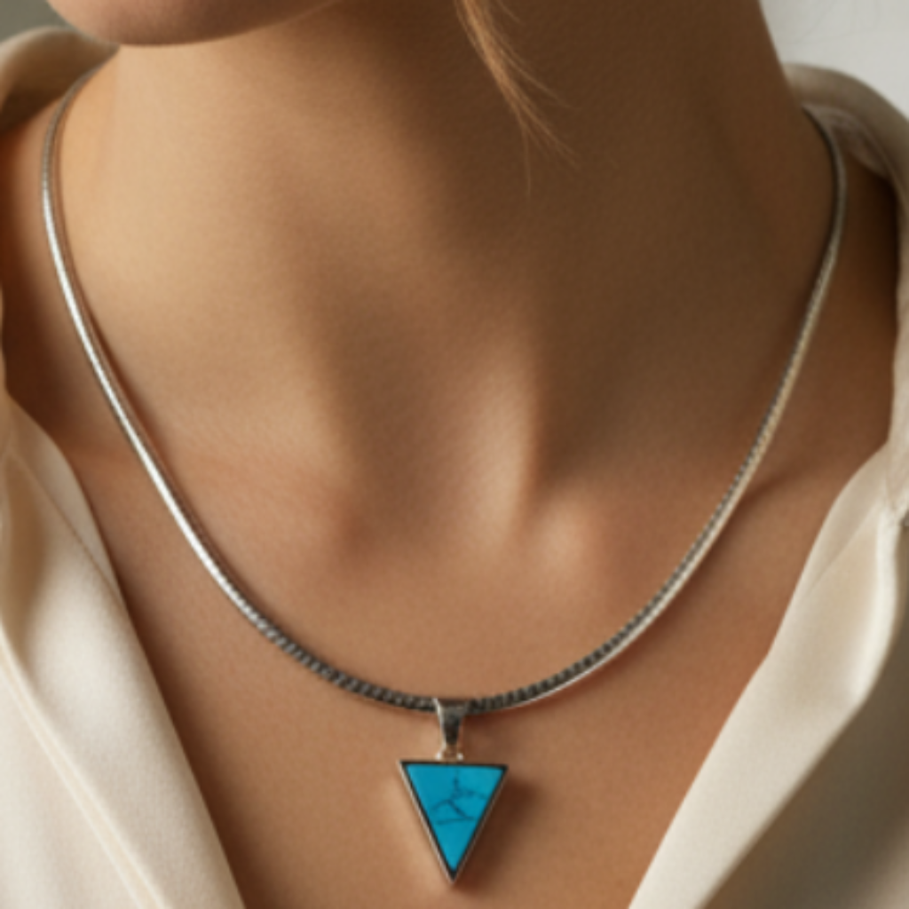 Female model wearing omega chain with turquoise triangle pendant
