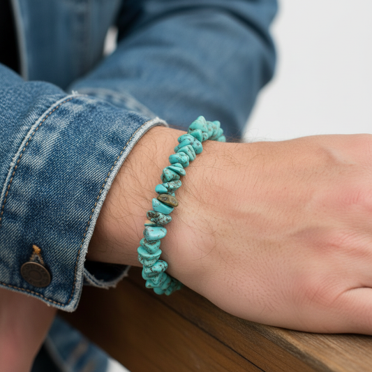 Hombre con pulsera de turquesa chip - denim jacket