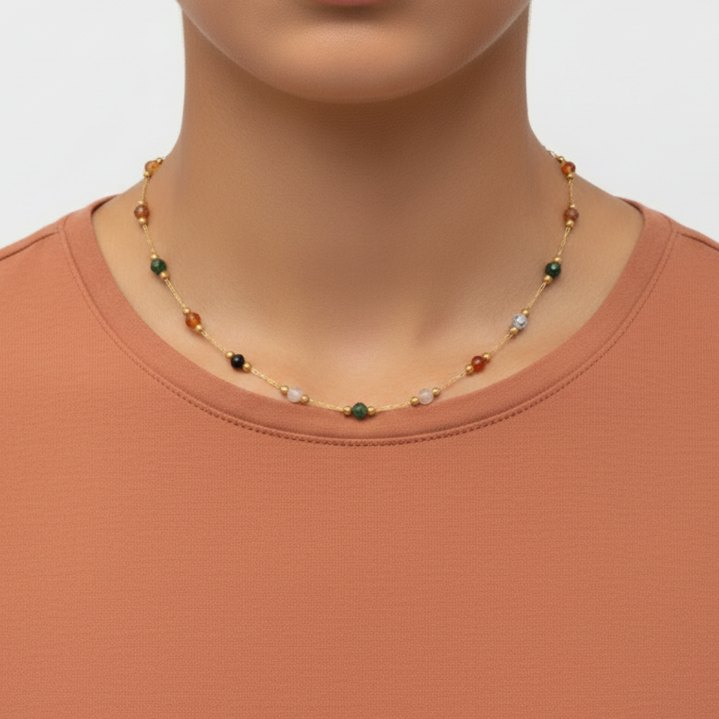 Mixed Gemstone Necklace Latina Model Covered
