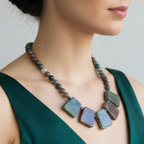 Model Wearing Indian Agate Necklace - Side View