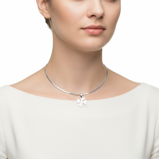 Model wearing silver clover omega necklace