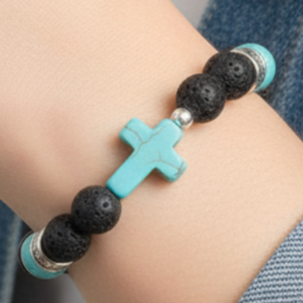 Pulsera de lava con cruz turquesa - denim jacket