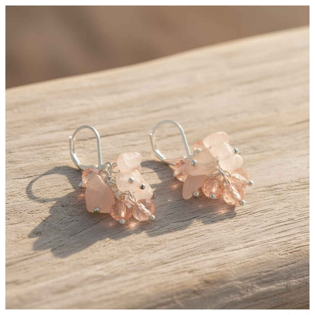 Rose quartz earrings on wood