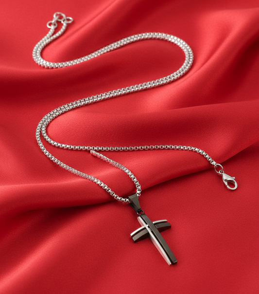 Square box chain with correct box links and layered bicolor cross on red satin