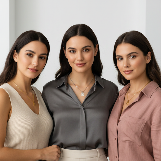 Three Models Wearing Letter Necklaces A B C