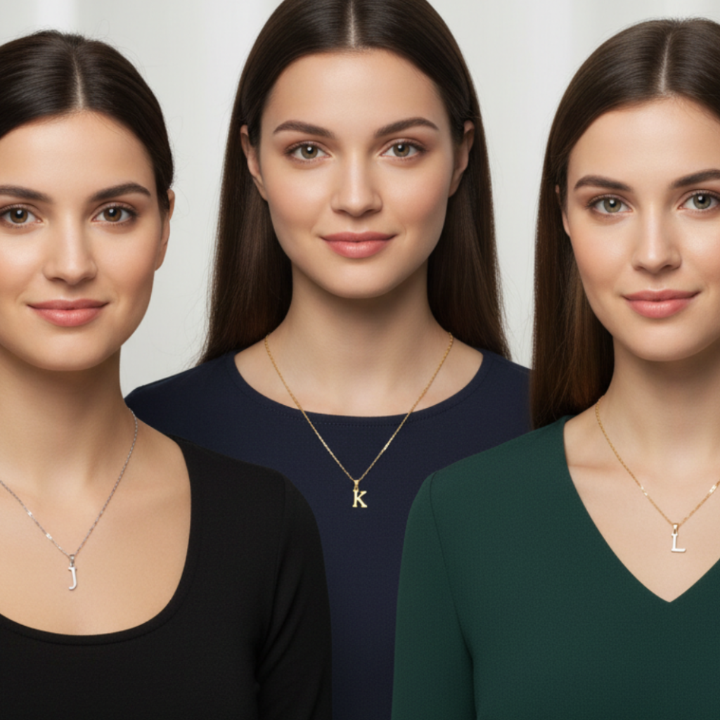 Three Models Wearing Letter Necklaces J K L - Same Length Chains