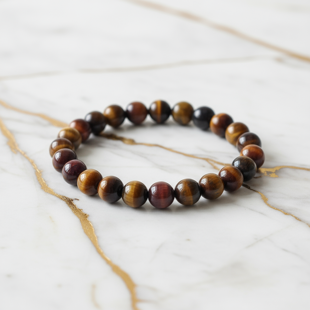 Tiger eye bracelet on marble with gold