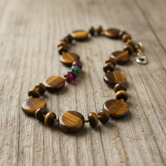 Tiger eye necklace on wooden surface