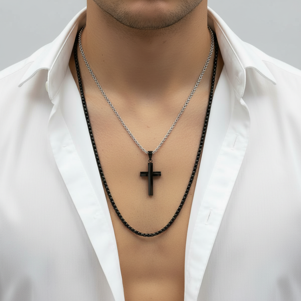 Two Tone Cross Necklace Set - Modelo Camisa Blanca