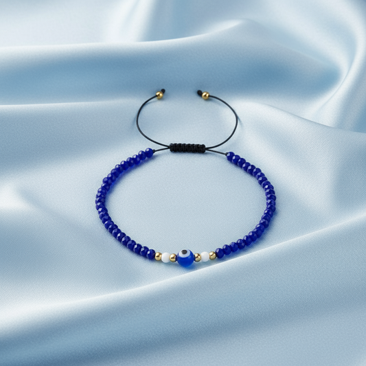 White Evil Eye Bracelet - Light Blue Satin