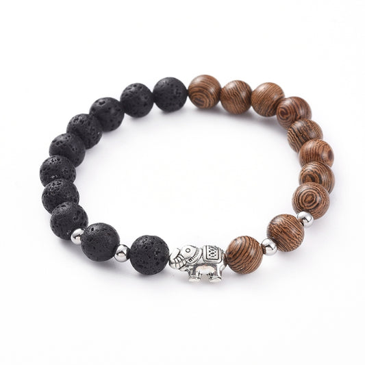 Tibetan Elephant Charm - Lava Rock & Wood Bracelet