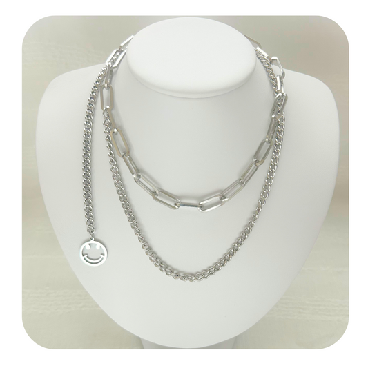 Happy Face Layered Necklace - Stainless Steel
