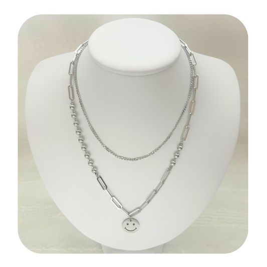 Layered Necklace Smiley Face - Beaded & Link Chain Jewelry