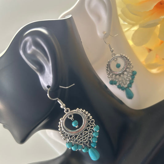Turquoise Long Drop - Tibetan Silver - Chandelier Earrings