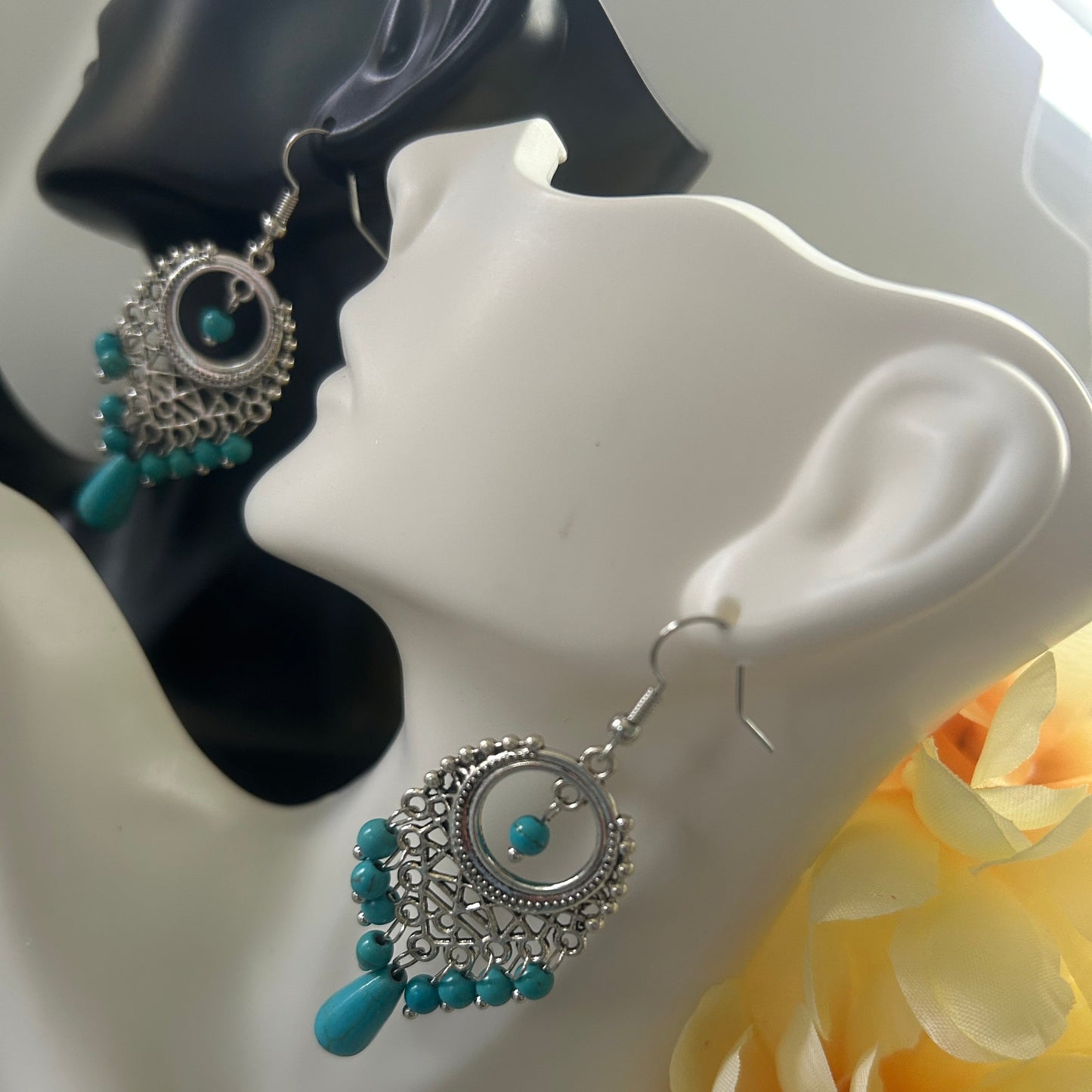 Turquoise Long Drop - Tibetan Silver - Chandelier Earrings