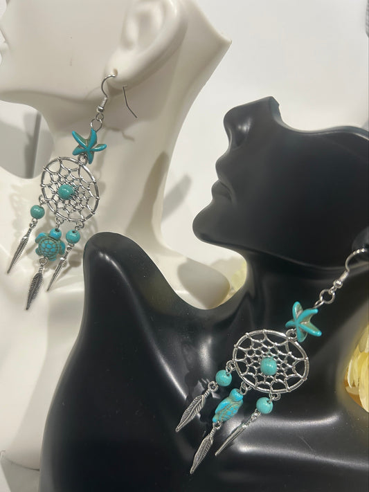 Turquoise Chandelier Earrings - Tibetan Silver
