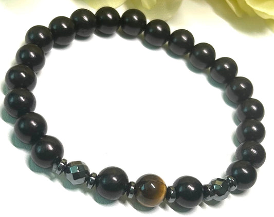 Tiger Eye & Hematite - Black Wood Bracelet - Healing Stone