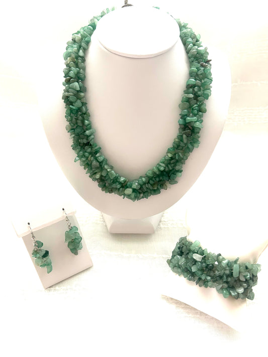 Green Aventurine Necklace Set - Natural Gemstone with Earrings & Bracelet.