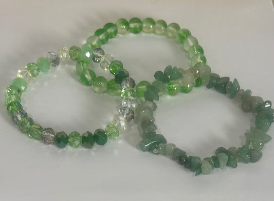 Green Aventurine Chip & Crystal Glass - Bracelet Set