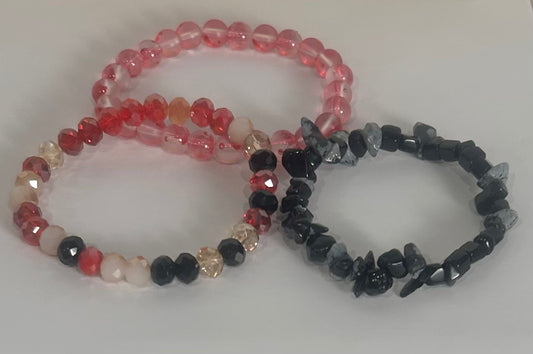 Handcrafted Obsidian Chip & Crystal Glass - Bracelet Set