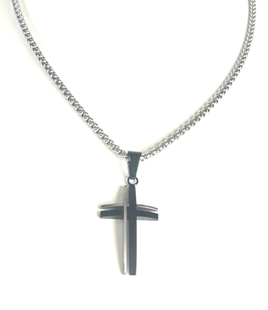 Black Stainless Steel Cross Pendant Necklace - Modern Gothic Religious Jewelry