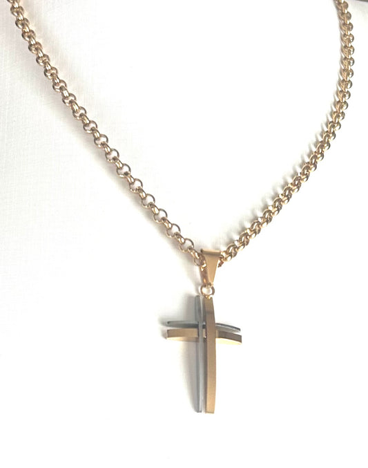 Two-Tone Gold & Silver Cross Necklace - Stainless Steel