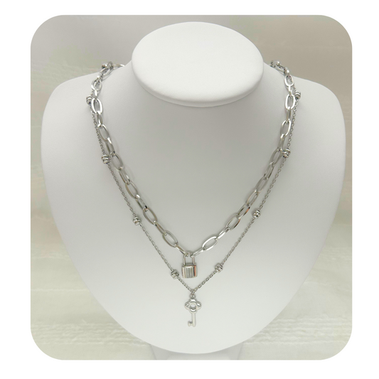 Lock and Key Layered Necklace - Stainless Steel
