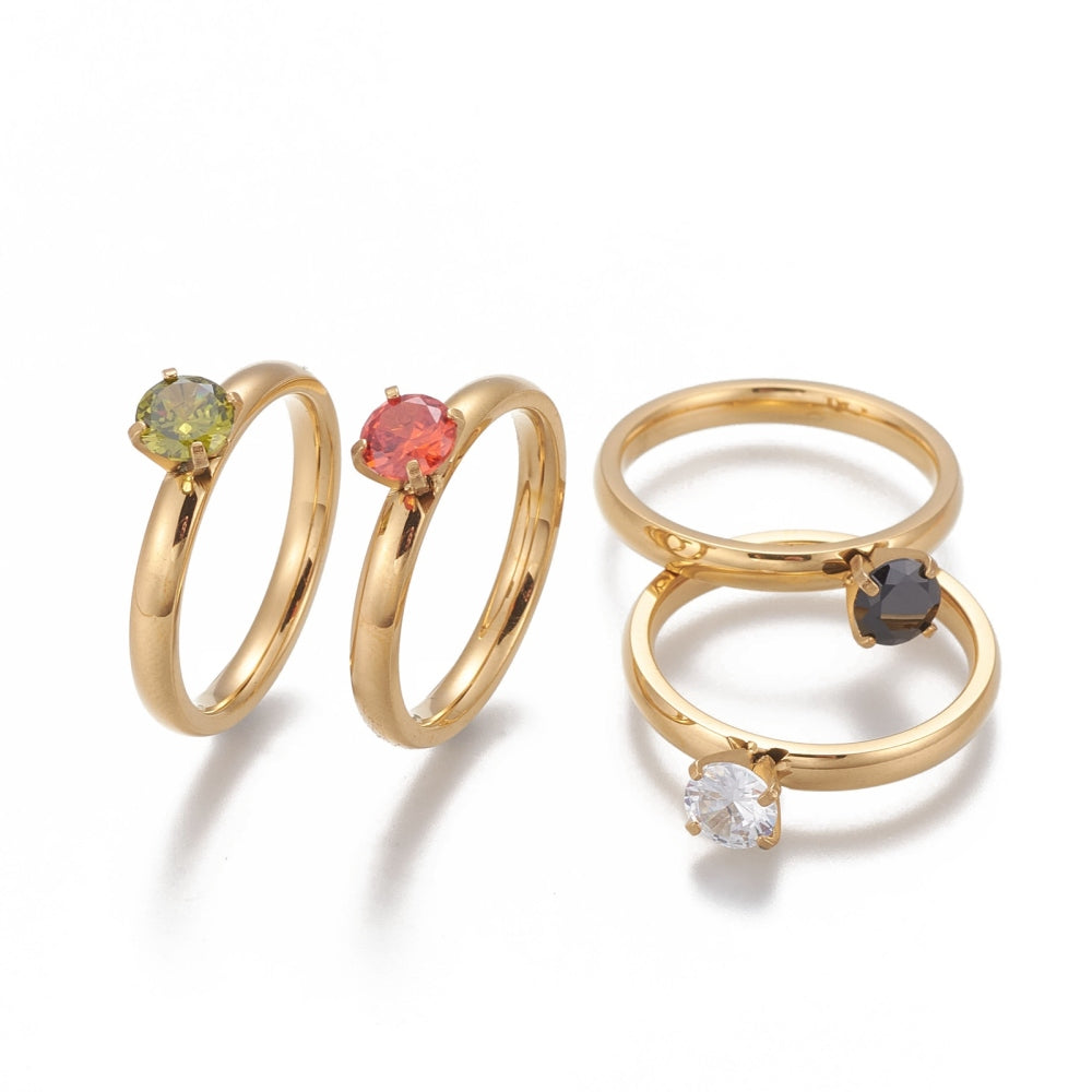 Gold Solitaire Ring - Multiple Cubic Zirconia Colors Available
