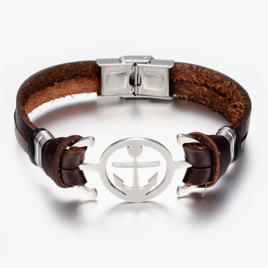 Nautical Anchor Bracelet | Stainless Steel & Leather | Marine Jewelry
