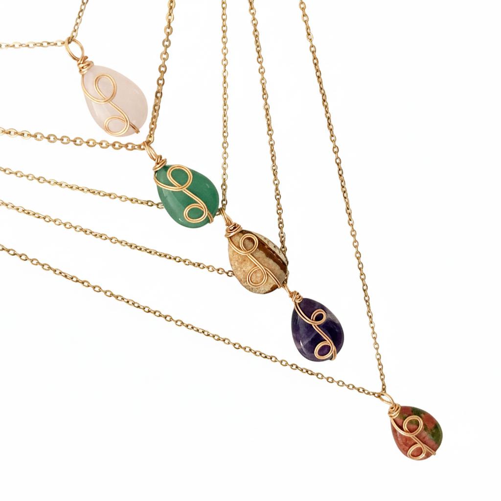 All 5 Gemstone Teardrop Necklaces - White Background