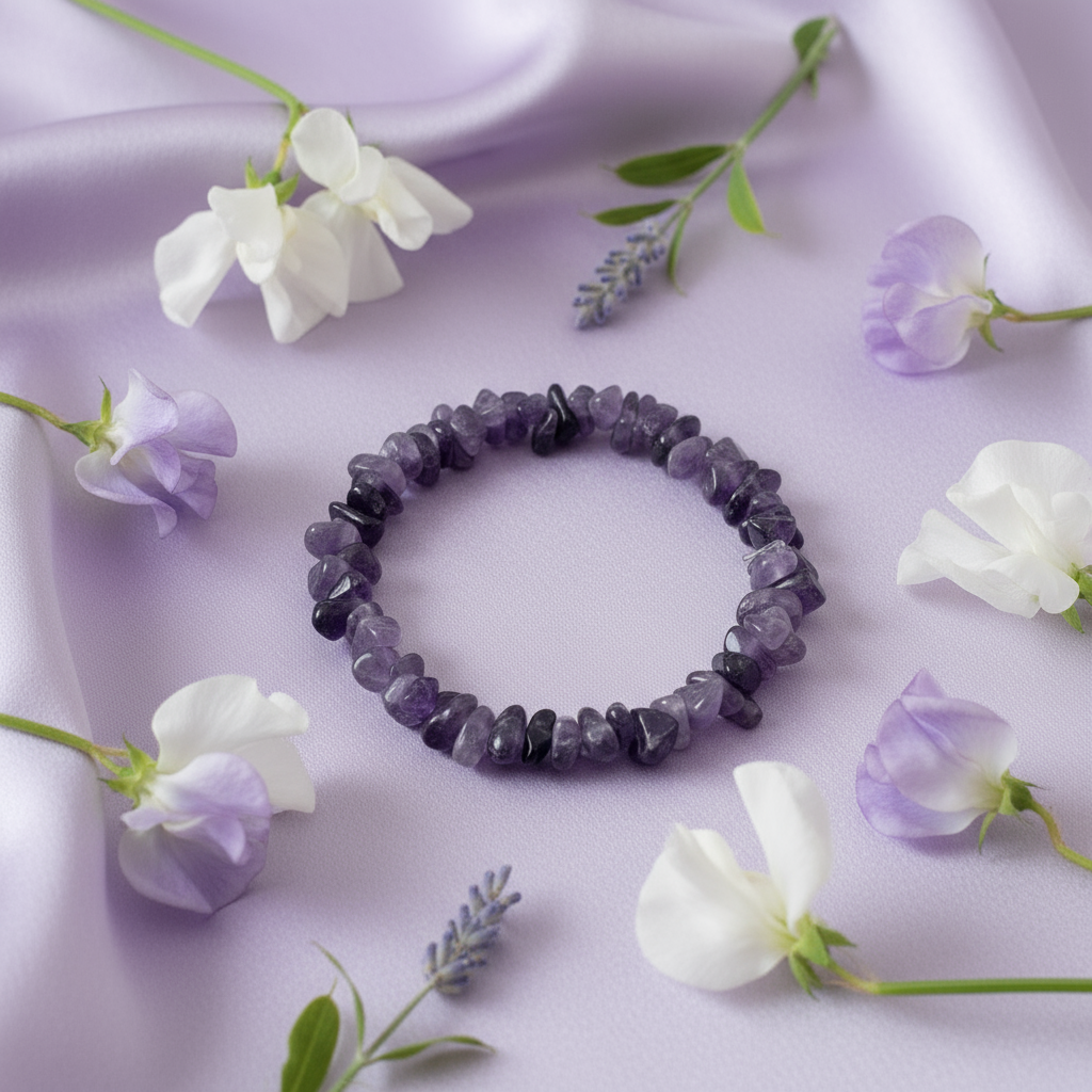 Amethyst bracelet on lavender fabric
