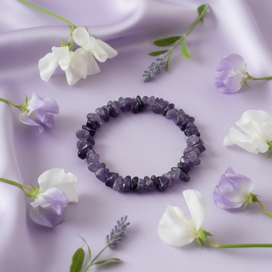 Amethyst bracelet on lavender fabric