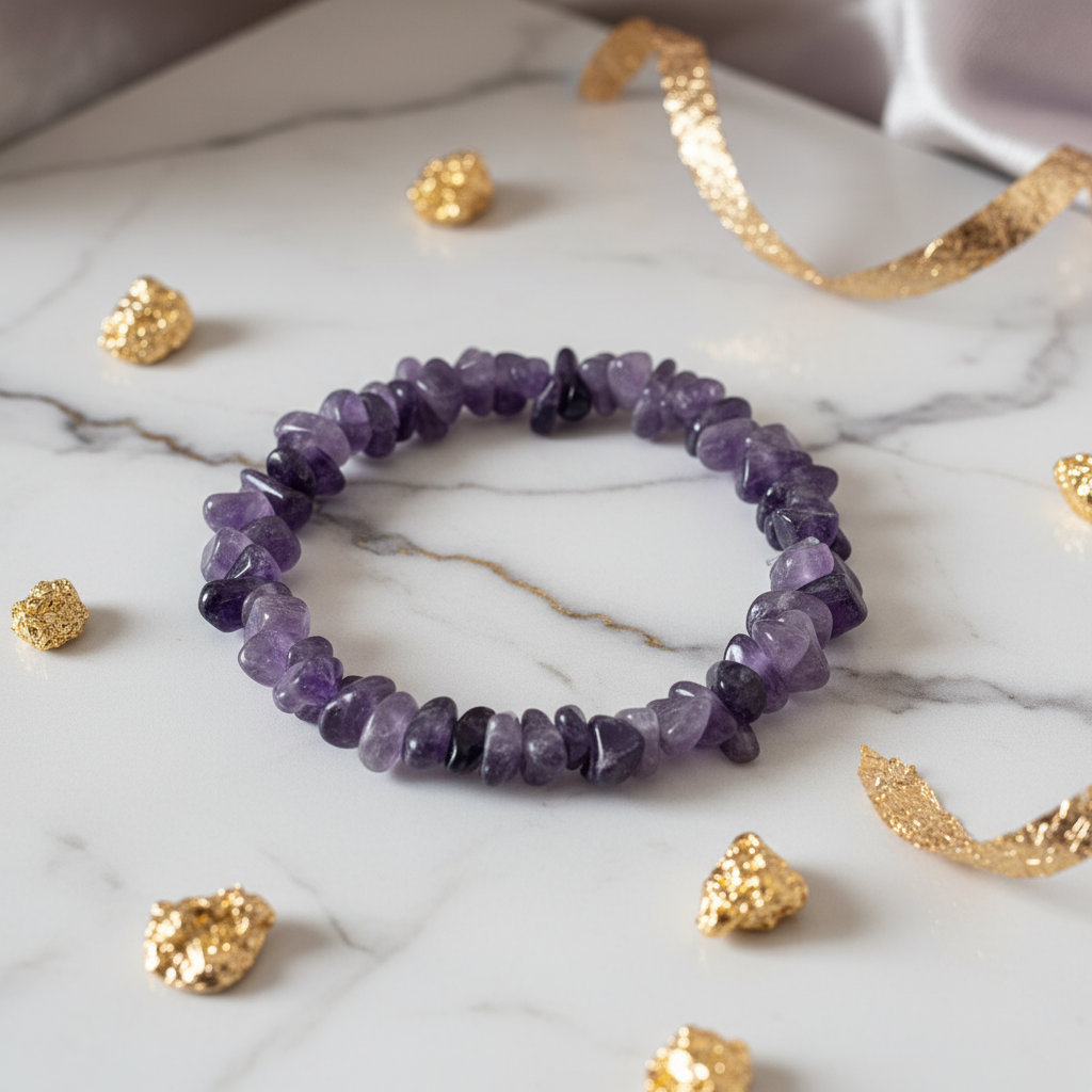 Amethyst bracelet on white marble