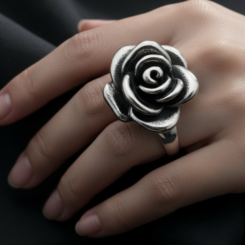 Antique Silver Rose Ring on Model