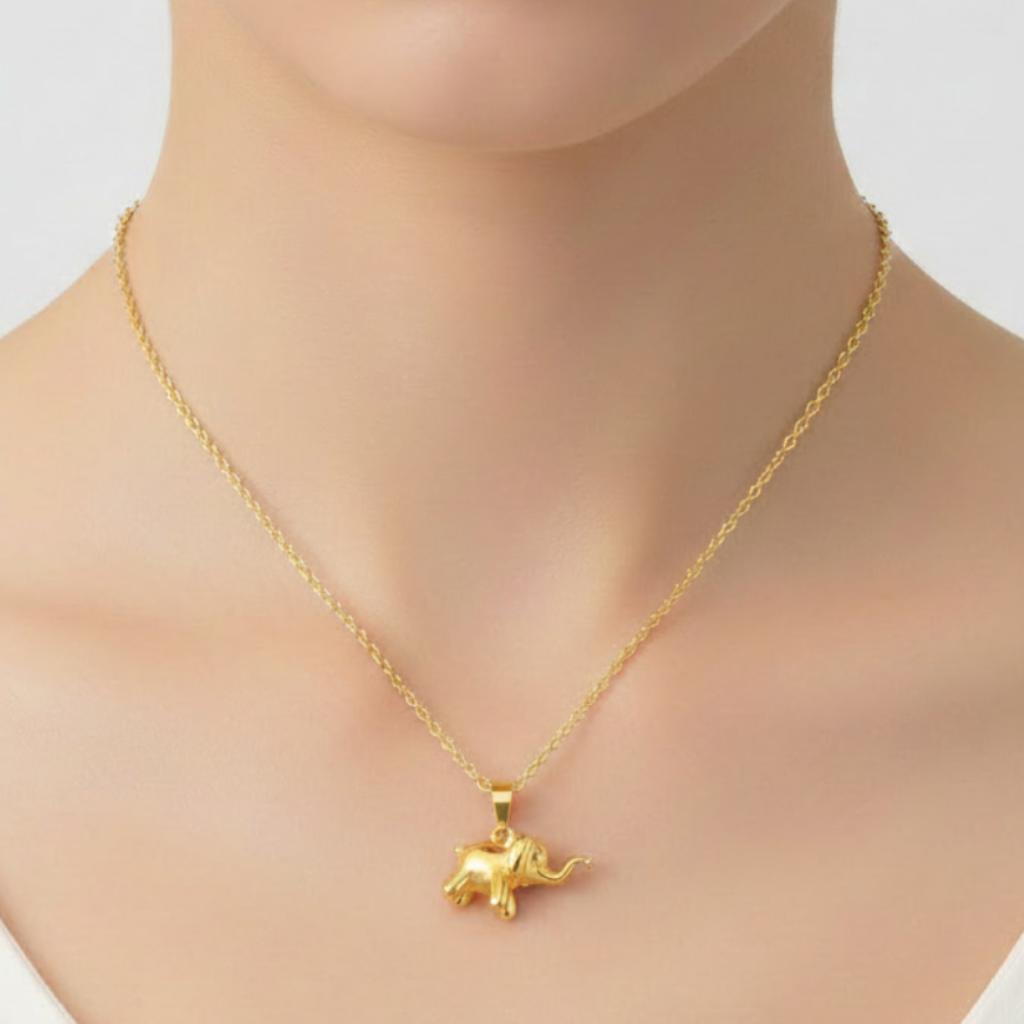 Baby Elephant Necklace Lighter Gold on Model