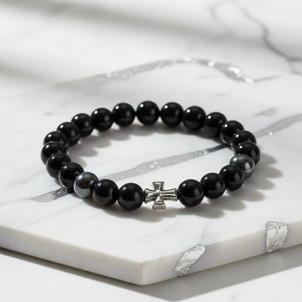 Black agate bracelet on marble