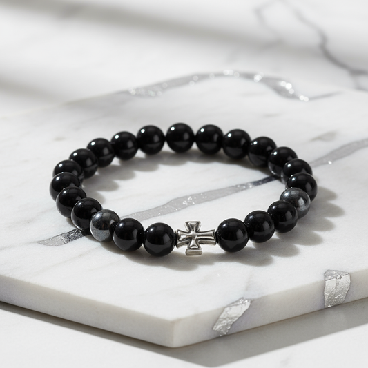 Black agate bracelet on marble