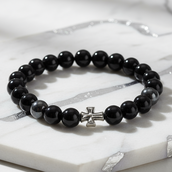 Black agate bracelet on marble