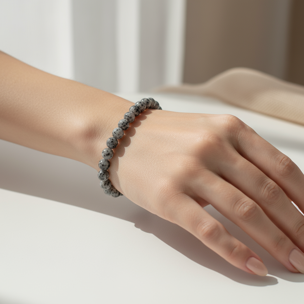 Black and White Sesame Jasper Bracelet on Model