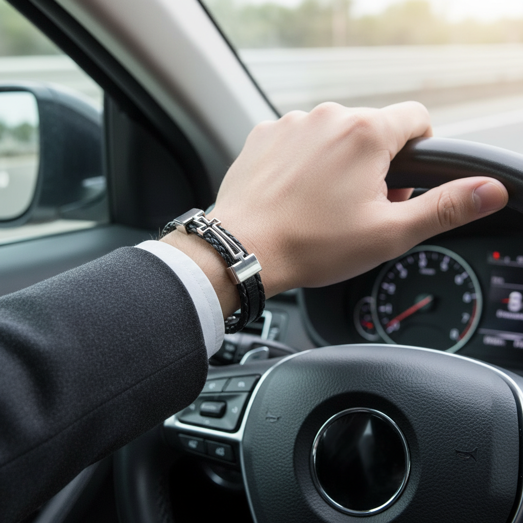 Black Braided Leather Cross Bracelet - Driving Shot
