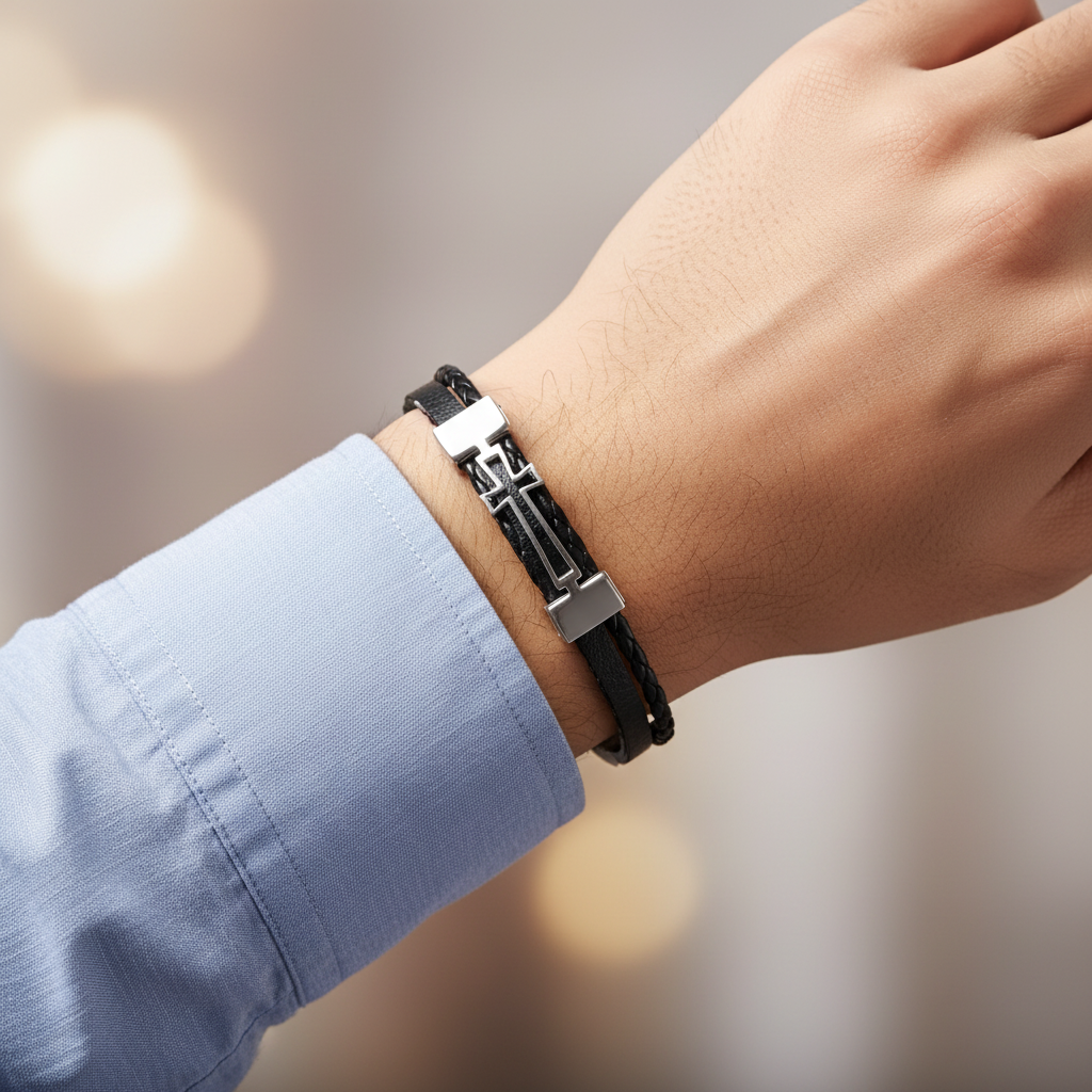 Black Braided Leather Cross Bracelet - Editorial Shot